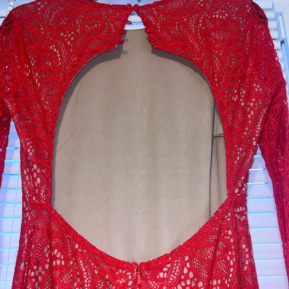 Bardot Vibrant Red Long Sleeve Lace Dress - Picture 5 of 6